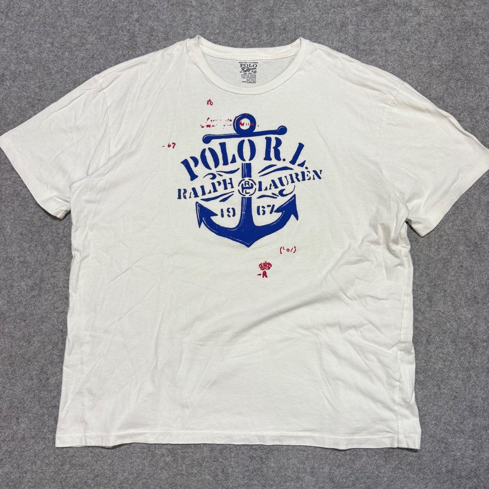 Polo Ralph Lauren Mens XL White Anchor Graphic T-Shirt Blue Red Nautical 1967